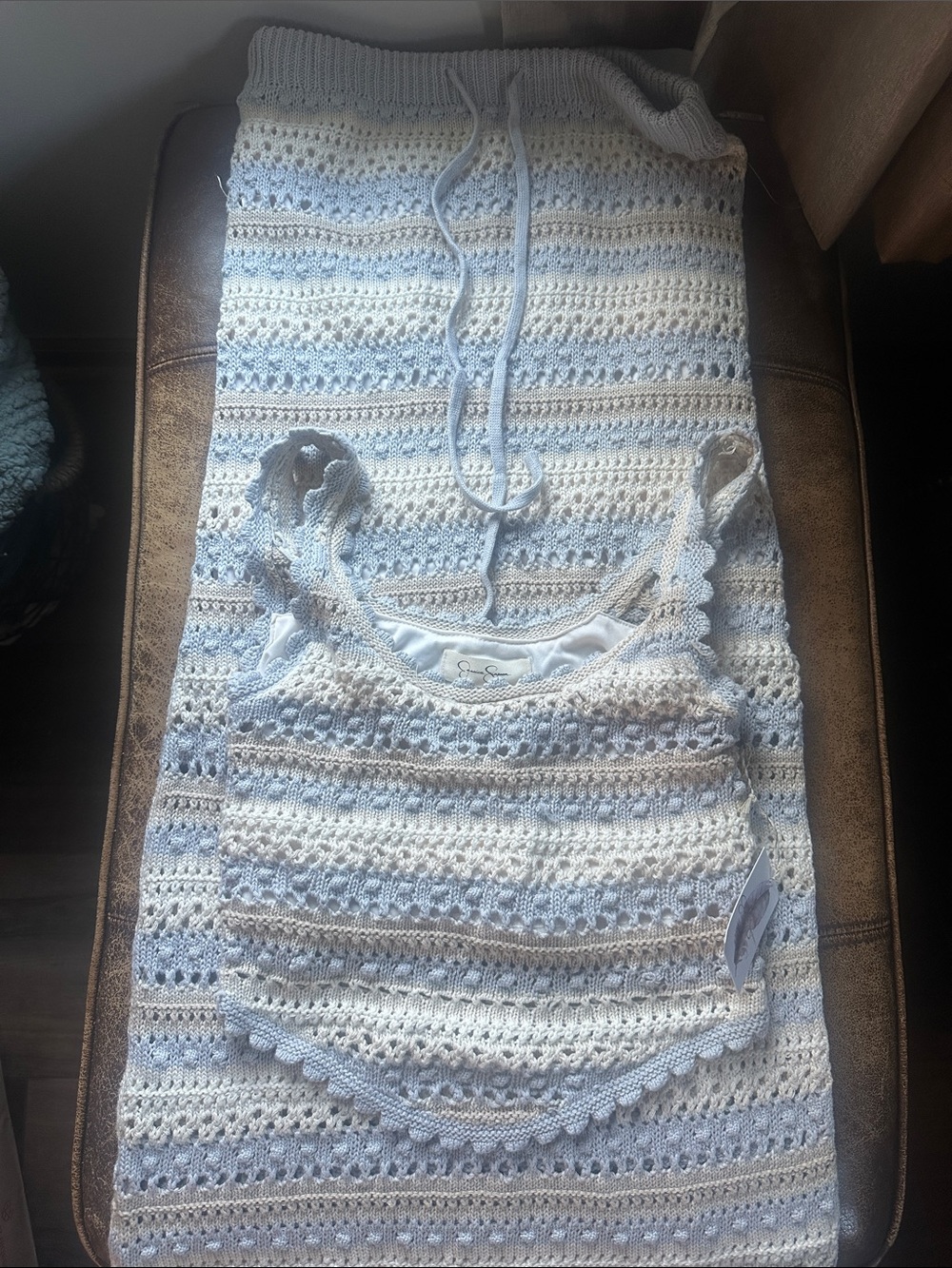 Jessica Simpson White and Light Blue Crochet Maxi Skirt Set